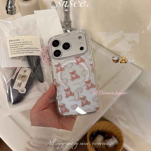 抱抱小熊！ins可爱插画亚克力透明磁吸全包大孔包按键手机壳适用于17/16promax/iphone15pro14 - 图2