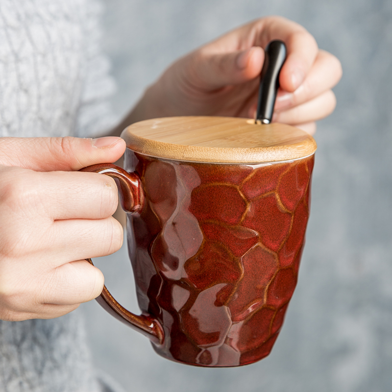 办公室陶瓷杯子ins简约马克杯带盖勺创意喝水杯家用复古欧式茶杯 - 图0