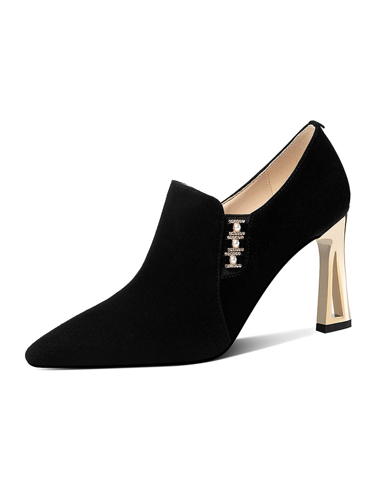 黑色真皮深口单鞋女粗跟春秋新款百搭气质踝靴尖头磨砂绒面高跟鞋,淘宝优惠券,粉丝福利购,淘宝优惠卷