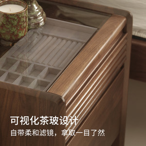 曲美好木实木床头柜简约黑胡桃木床边柜钢化玻璃易清洁静音柜子