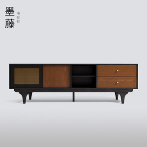 曲美官方中古风收纳储物一体组合藤编柜客厅家用矮柜落地电视机柜