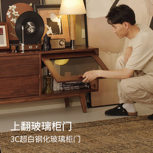曲美好木实木电视柜中古风黑胡桃木收纳柜客厅翻门电视机柜带抽屉