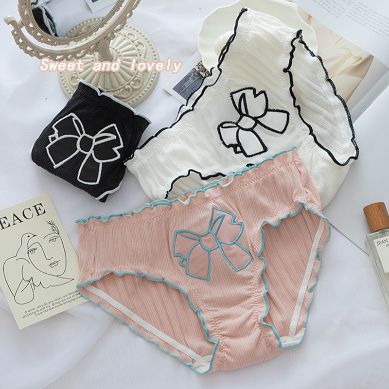 秋冬螺纹棉蝴蝶结内裤少女日系甜美可爱荷叶边中腰纯棉裆三角裤头,淘宝优惠券,粉丝福利购,淘宝优惠卷