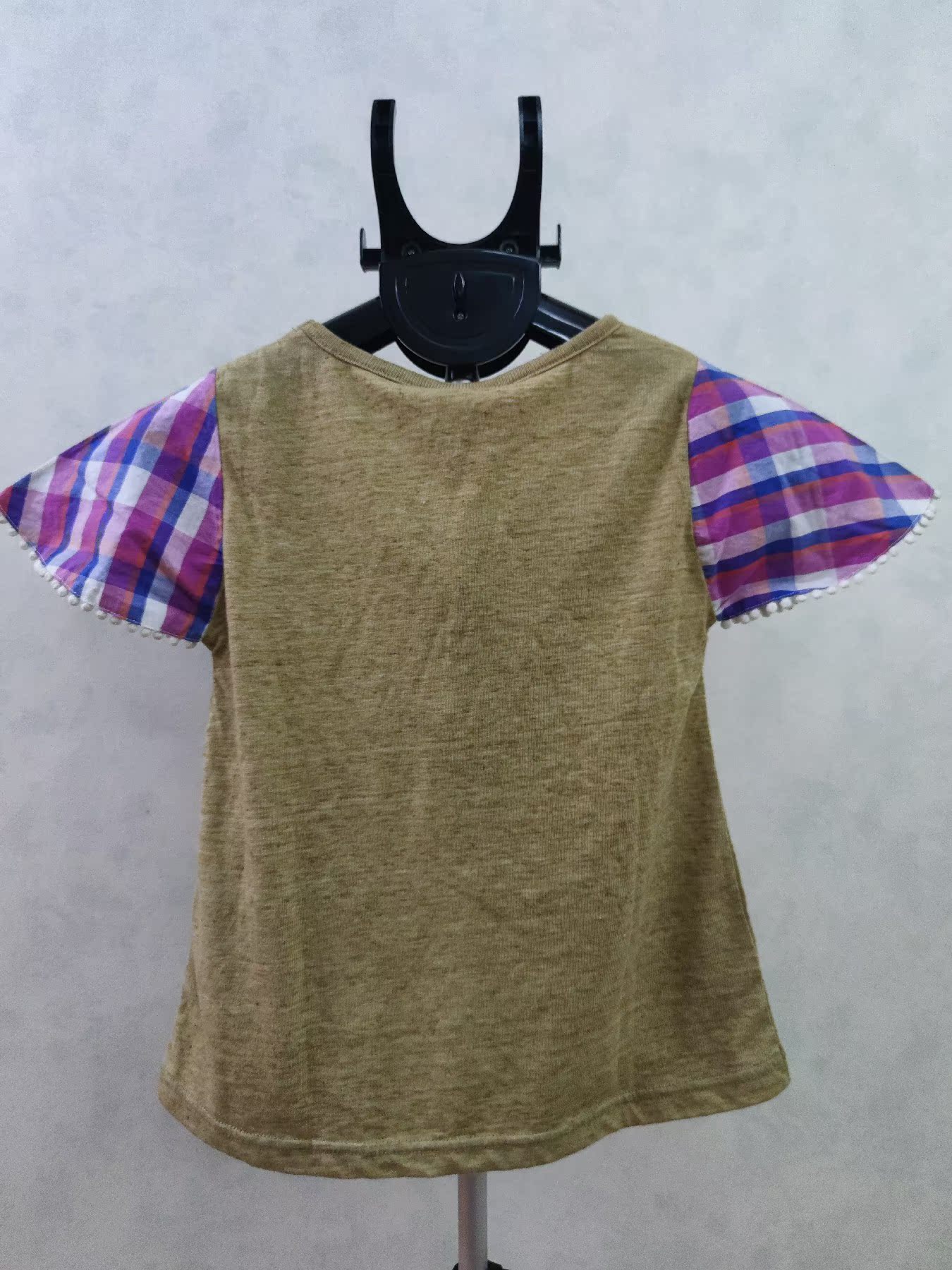 外贸日单UNICA女童短袖圆领T恤拼色网格袖儿童可爱印花上衣 - 图0