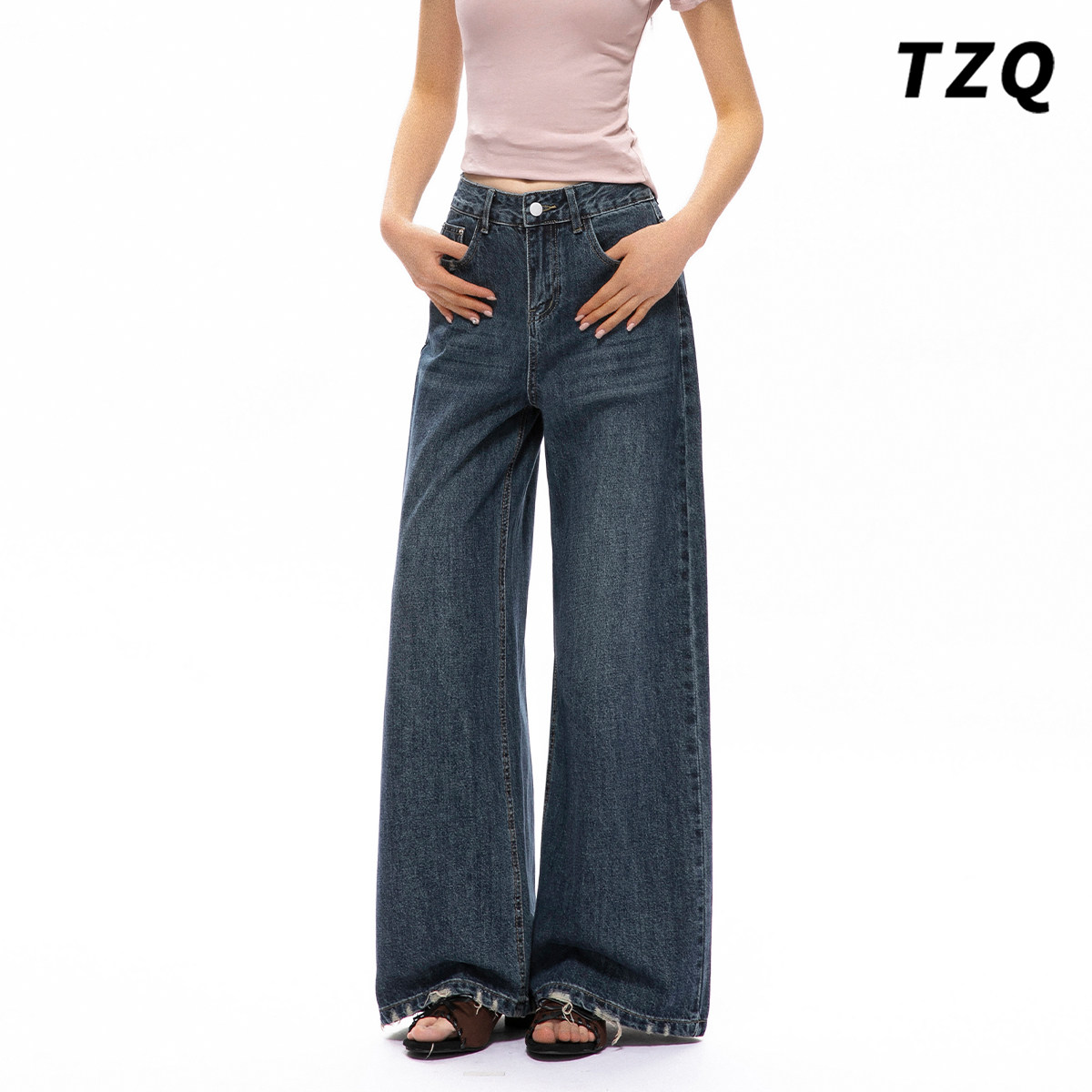 复古蓝高腰阔腿牛仔裤女春季新款时尚宽松显瘦垂感拖地直筒长裤子,淘宝优惠券,粉丝福利购,淘宝优惠卷