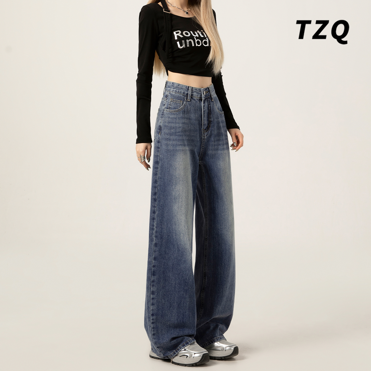 美式复古垂感阔腿牛仔裤女2025秋季新款水洗高腰宽松显瘦拖地裤子 - 图2