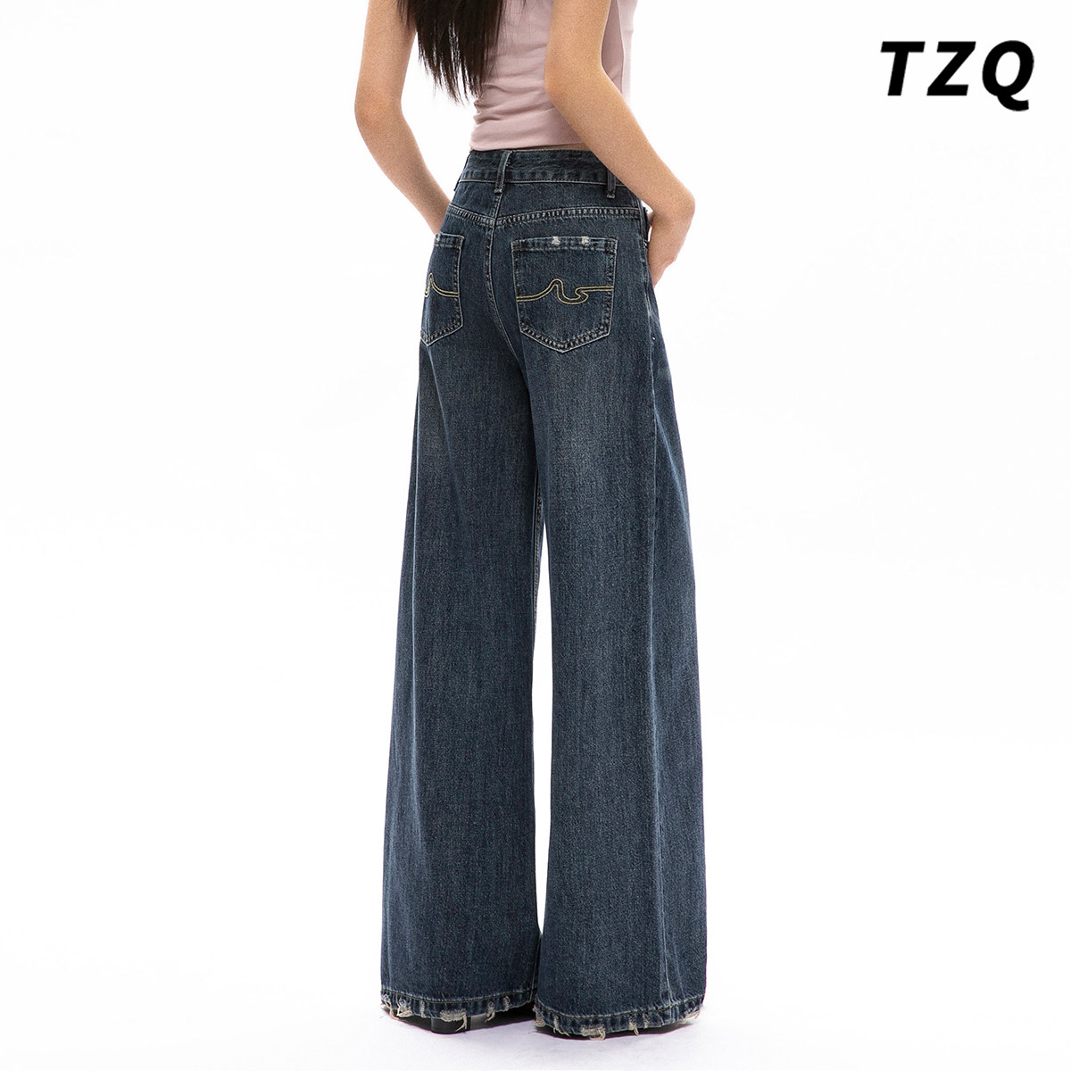 复古蓝高腰阔腿牛仔裤女春季新款时尚宽松显瘦垂感拖地直筒长裤子,淘宝优惠券,粉丝福利购,淘宝优惠卷