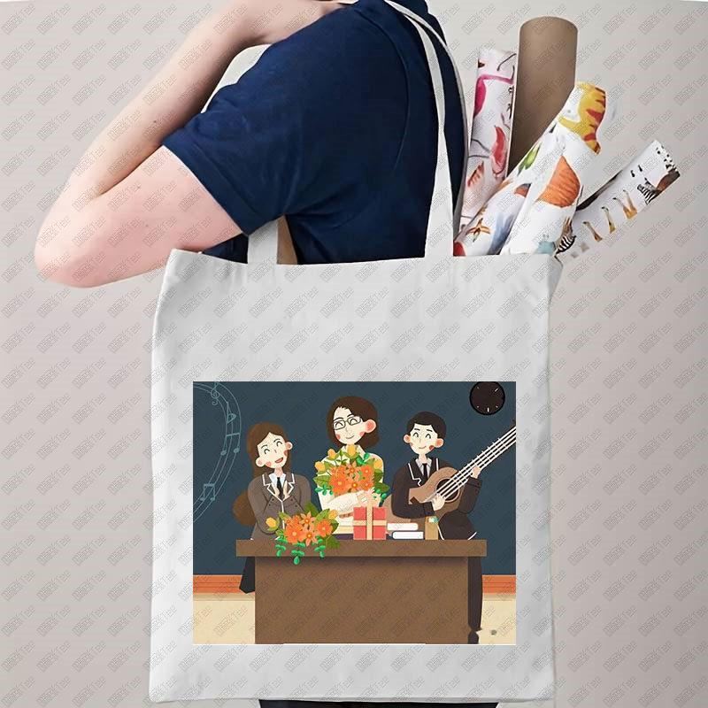 跨境热卖教师节Teacher印花帆布包学生单肩包时尚手提购物袋,淘宝优惠券,粉丝福利购,淘宝优惠卷