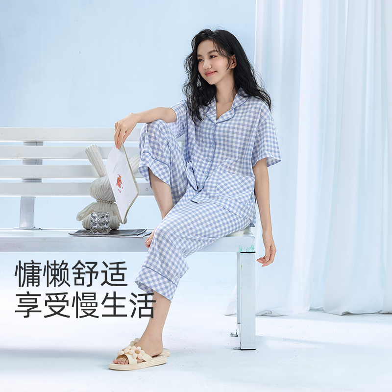 绮瑞2024春夏新款可爱格子家居服可外穿大码纯棉短袖睡衣套装女