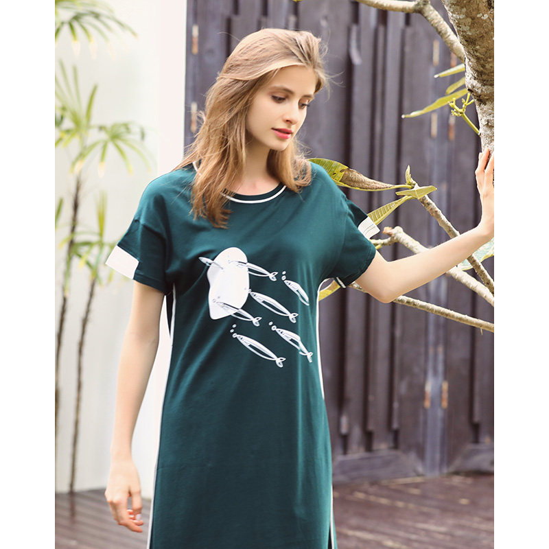 绮瑞女士短袖纯棉印花夏可外穿睡裙 绮瑞服饰睡裙