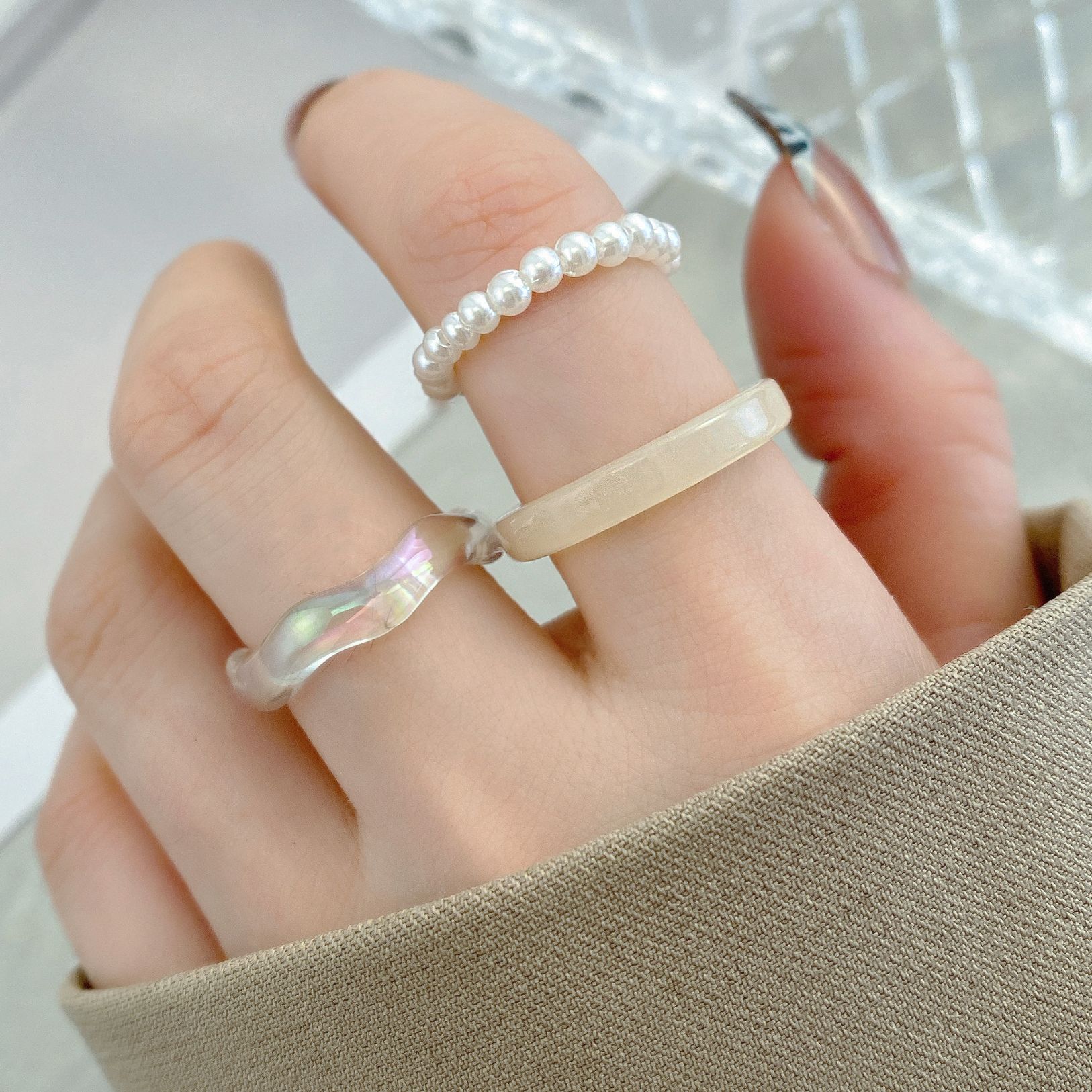 简约树脂戒指珍珠素圈女 simple resin rings acrylic pearl ring - 图2