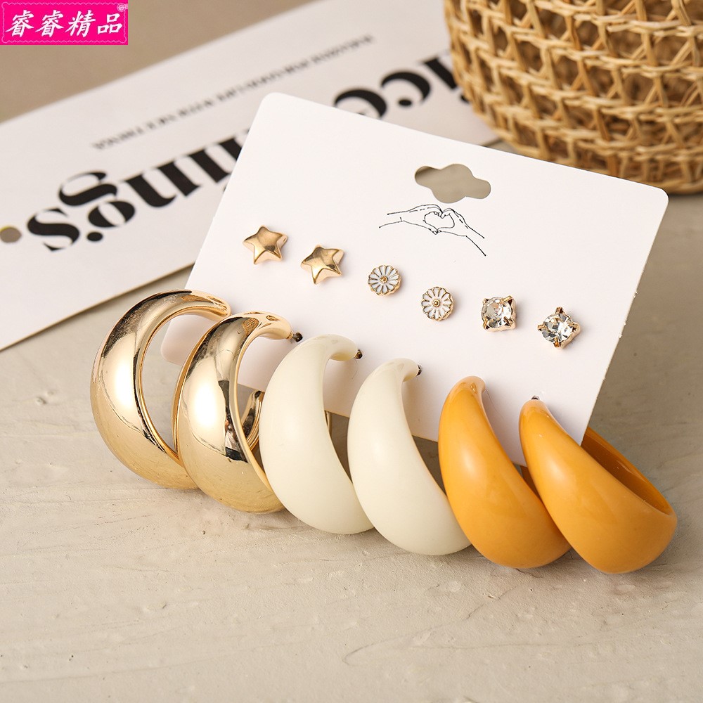 retro Acrylic exaggerated big earrings Set 6 Pairs Studs耳圈 - 图1