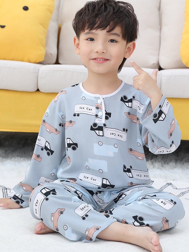 儿童棉绸睡衣夏季男童女童夏天男孩透气薄长袖宝宝小孩空调服套装