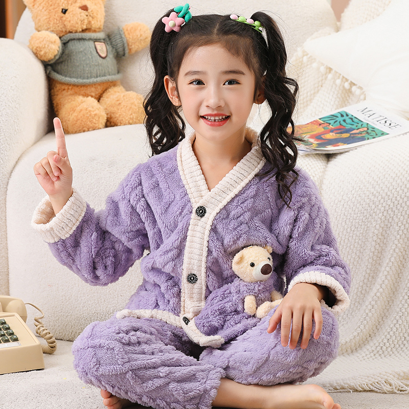 冬季儿童睡衣男孩V领套装双面绒保暖法兰绒居家服可外穿服珊瑚绒