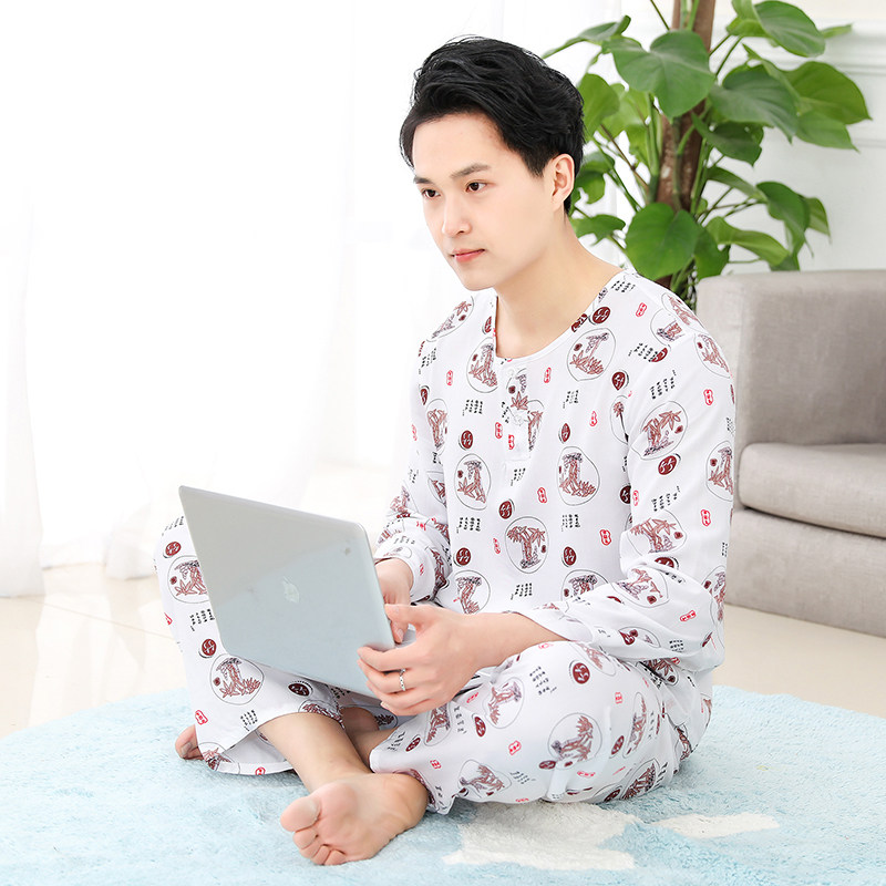 男士夏季棉绸套装长袖绵绸爸爸睡衣 心怡熊亲子装/亲子时装
