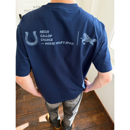 SANBAI叁佰【驰骋】美式新款马年印花短袖男士索罗娜高级T恤240g - 图3