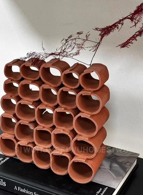 侘寂风手工蜂巢陶瓷花插装饰摆件