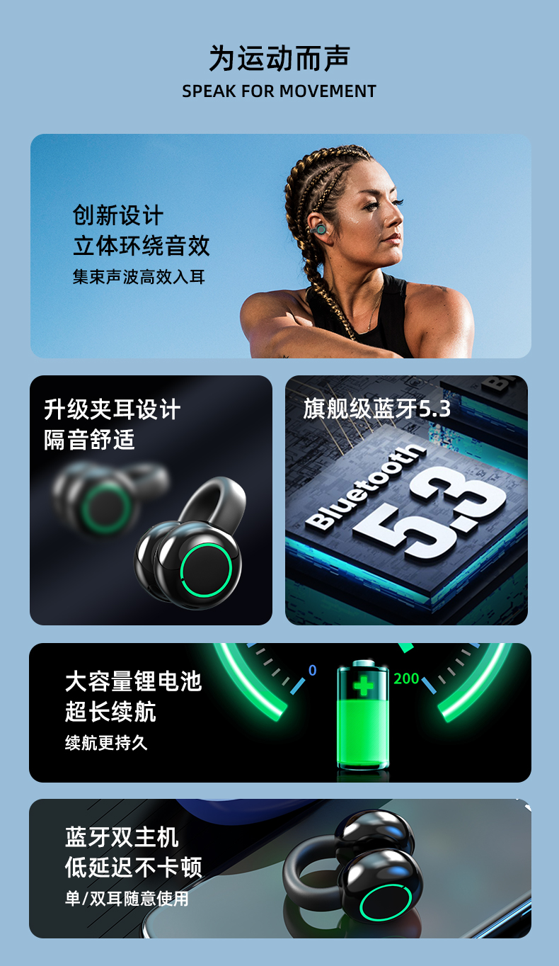 影巨人2023新款蓝牙耳机无线进口芯片超长待机耳夹式不入耳运动款 - 图1