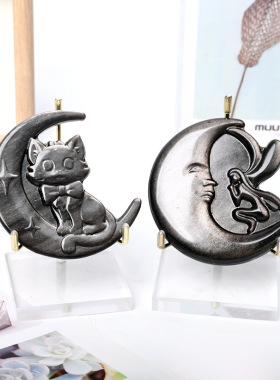 天然水晶银曜石月亮九尾狐小猫平面动物雕刻件家居桌面装饰摆件