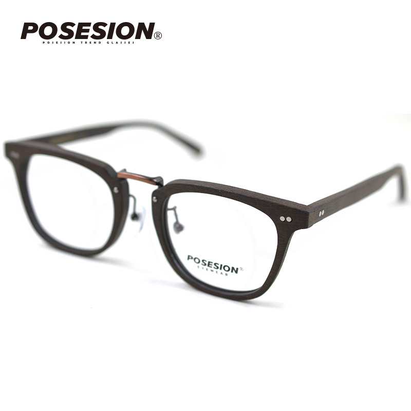 POSESION日式中框木纹中金眼镜框方框黑色黑框眼镜架近视男潮女-图0