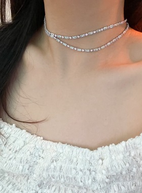 月光锆石双层叠带流苏项链