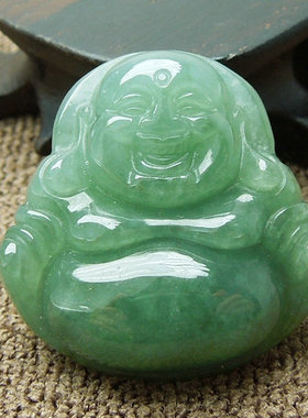 翡翠A货油青笑口常开挂绳吊坠