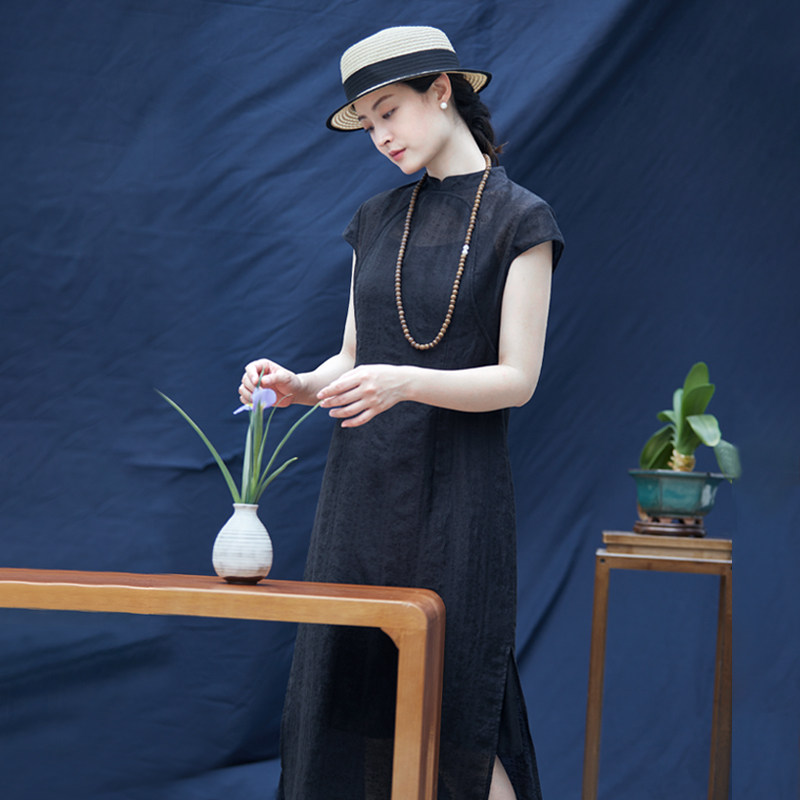 高级感国风气质绝美黑色短袖连衣裙 蒂曼芳连衣裙