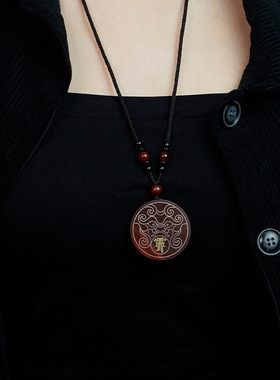 高档创意道家科檀木镶银紫薇讳吊坠男女平安吊坠九尾狐项链饰品