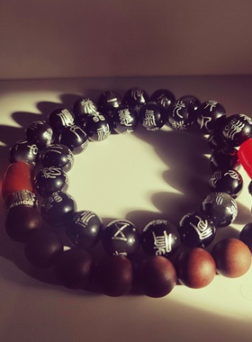 道家黑曜石环绕烫银36天罡小篆全文金光神咒九九归一枣木念珠手串