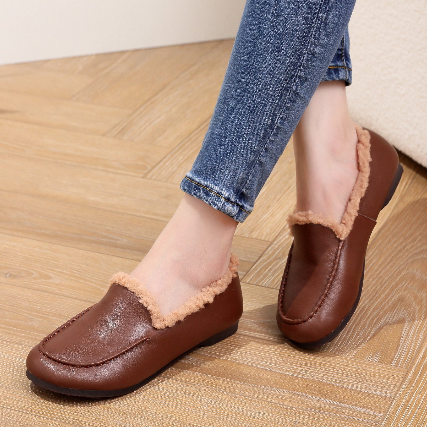 真皮软底乐福鞋女秋冬新款单鞋软皮羊毛休闲鞋平底豆豆小皮鞋大码,淘宝优惠券,粉丝福利购,淘宝优惠卷