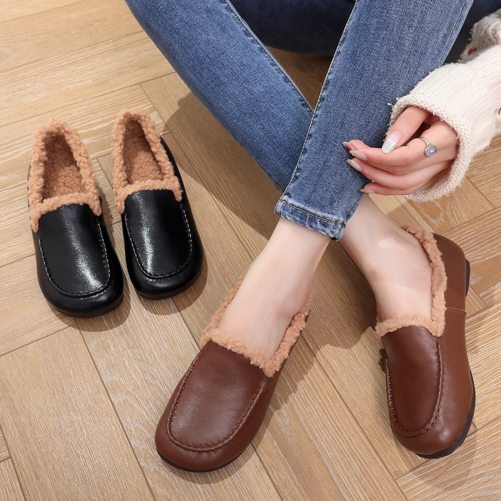 真皮软底乐福鞋女秋冬新款单鞋软皮羊毛休闲鞋平底豆豆小皮鞋大码,淘宝优惠券,粉丝福利购,淘宝优惠卷