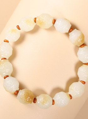 和田玉且末糖白玉莲花灯笼珠手串