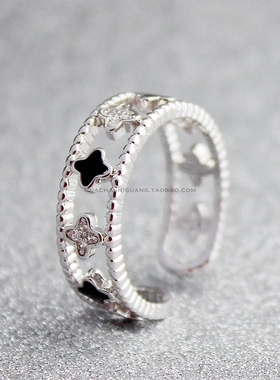 黑色四叶草闪钻可调节韩版戒子