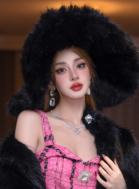 MIMI PLANGE黑色新款帽子法式复古轻奢环保皮草帽毛绒大檐帽女