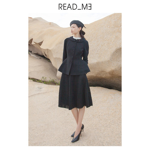 商场同款readme读我女士黑色复古裙摆短毛呢大衣60915310 - 图1