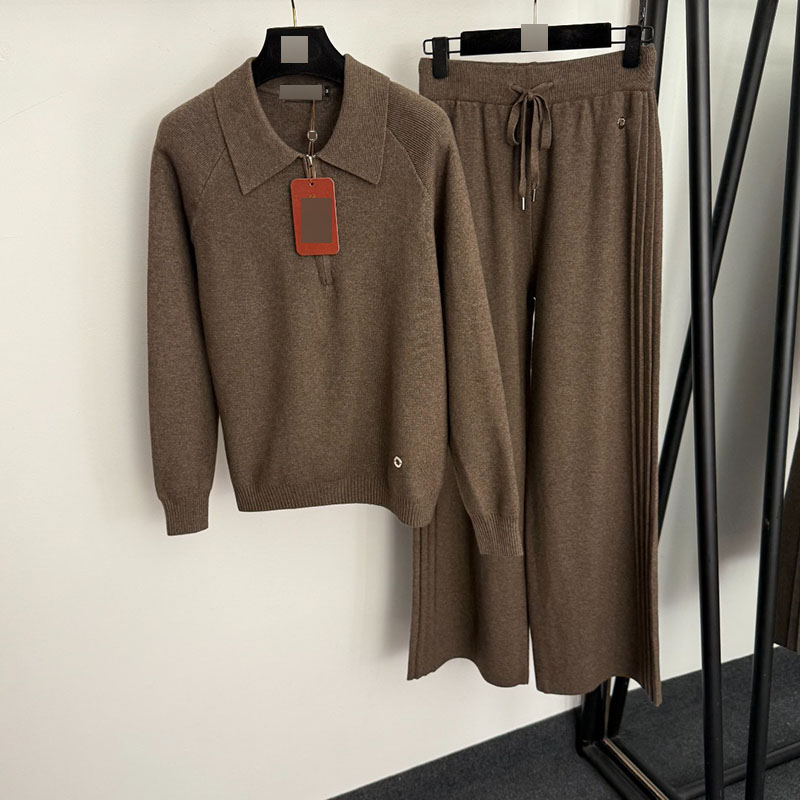 高端外贸新款针织套装 金属圈装饰半拉链翻领长袖针织衫+休闲长裤 - 图0