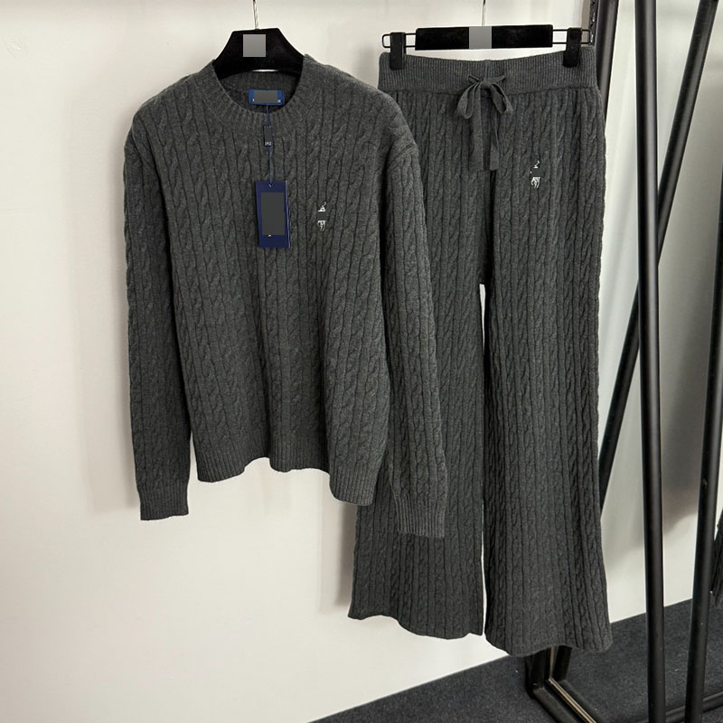 深圳南油货高端时尚新款针织套装马球刺绣麻花针织毛衣+休闲长裤 - 图0