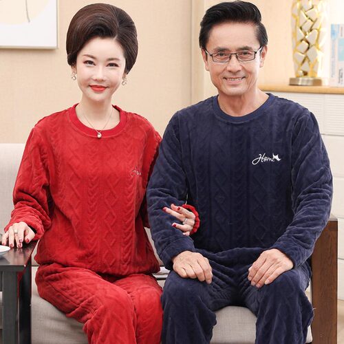 睡衣情侣秋冬款珊瑚绒爸爸加厚妈妈套头中年男女家居服法兰绒冬季 - 图1