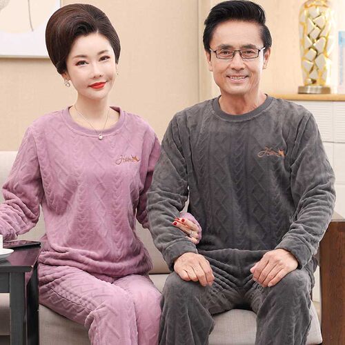 睡衣情侣秋冬款珊瑚绒爸爸加厚妈妈套头中年男女家居服法兰绒冬季 - 图0