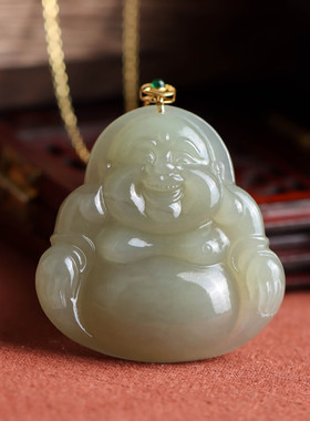 熹瑞18K金镶嵌和田玉青玉佛公国潮国风气质百搭送礼女款吊坠