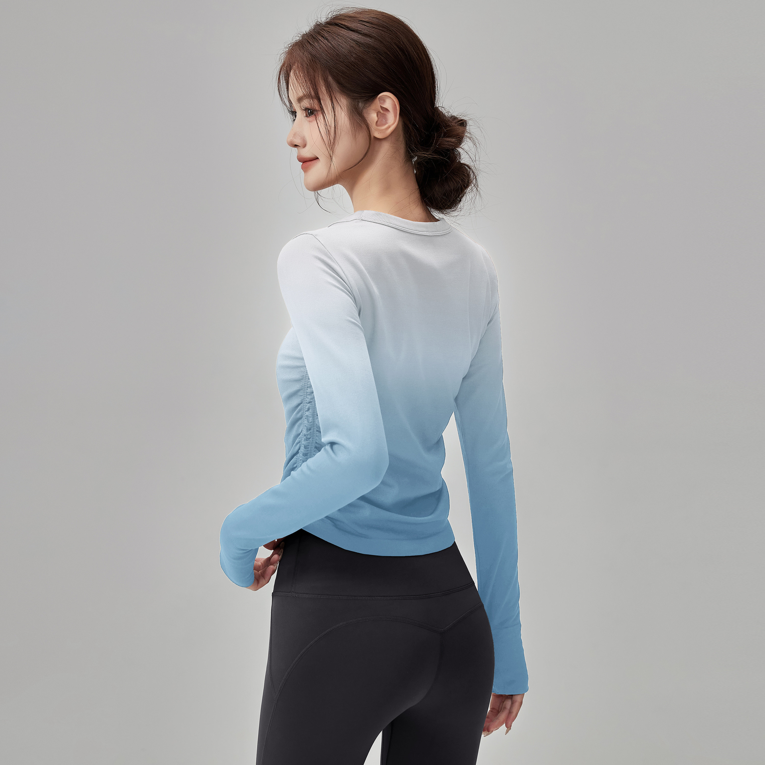 岚纹圆领运动健身上衣渐变紧身瑜伽服女显瘦高弹跑步t恤训练长袖,淘宝优惠券,粉丝福利购,淘宝优惠卷