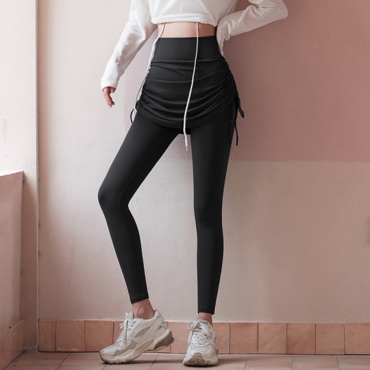 岚纹假两件健身裙裤女弹力外穿瑜伽裤高腰提臀绑带紧身运动裤秋冬