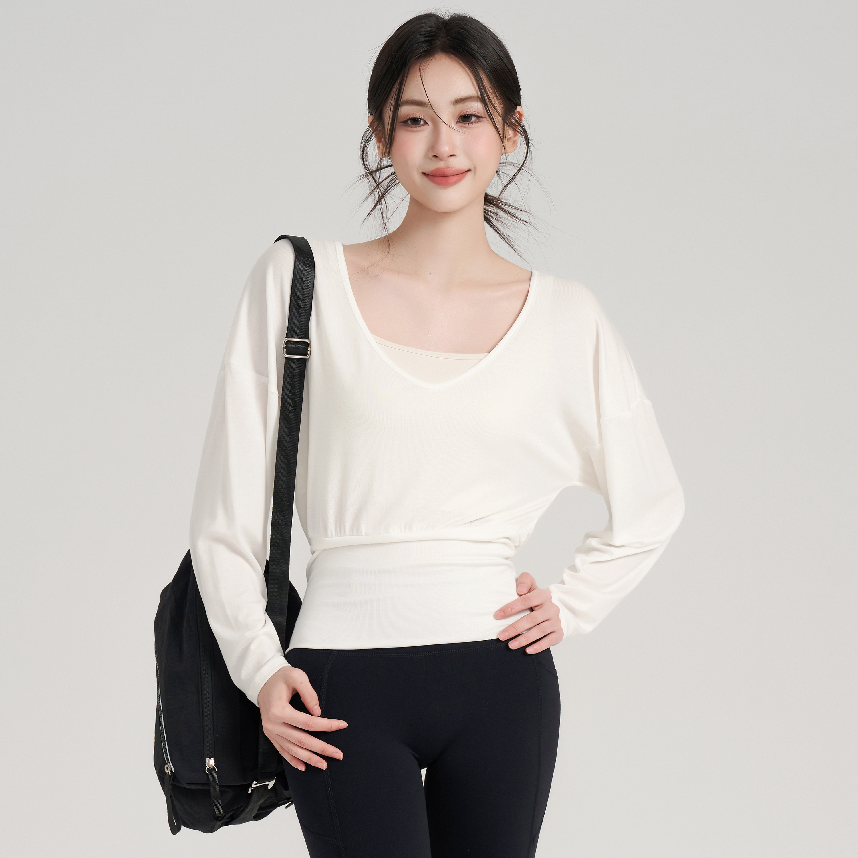 岚纹速干瑜伽服套装长袖女普拉提跑步运动上衣宽松训练健身服罩衫 - 图0