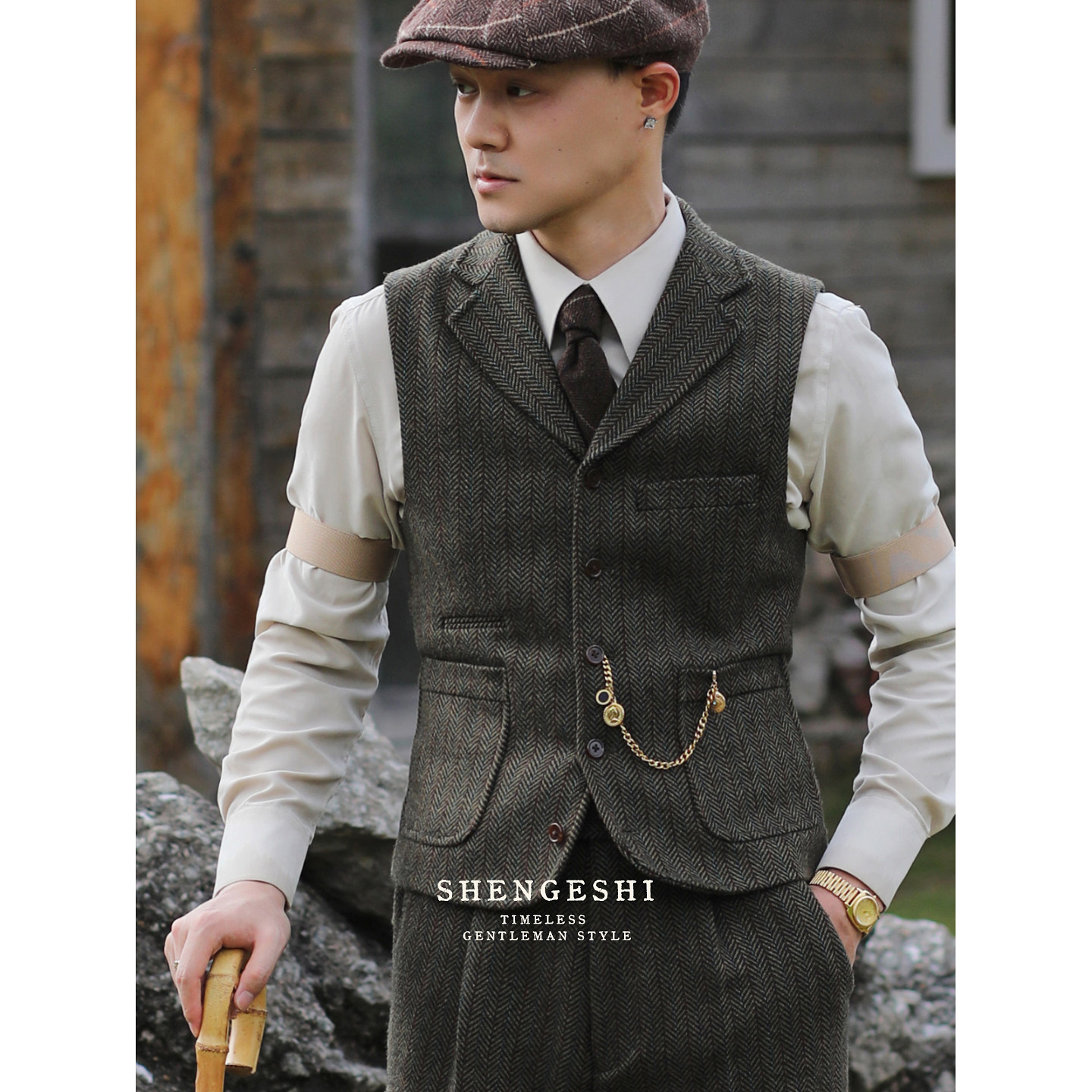 英伦复古雅痞绅士西装领修身毛呢马夹 羊毛人字纹粗花呢西装马甲,淘宝优惠券,粉丝福利购,淘宝优惠卷