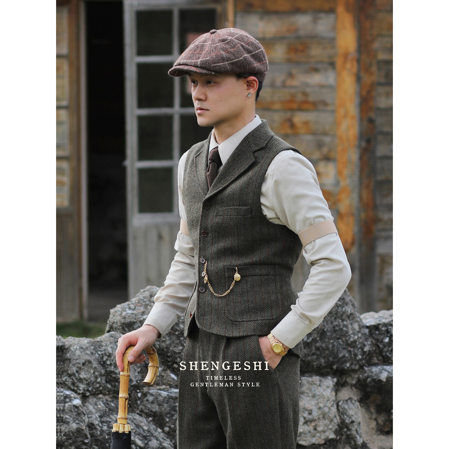 英伦复古雅痞绅士西装领修身毛呢马夹 羊毛人字纹粗花呢西装马甲,淘宝优惠券,粉丝福利购,淘宝优惠卷