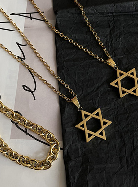 金色六芒星复古钛钢学生项链