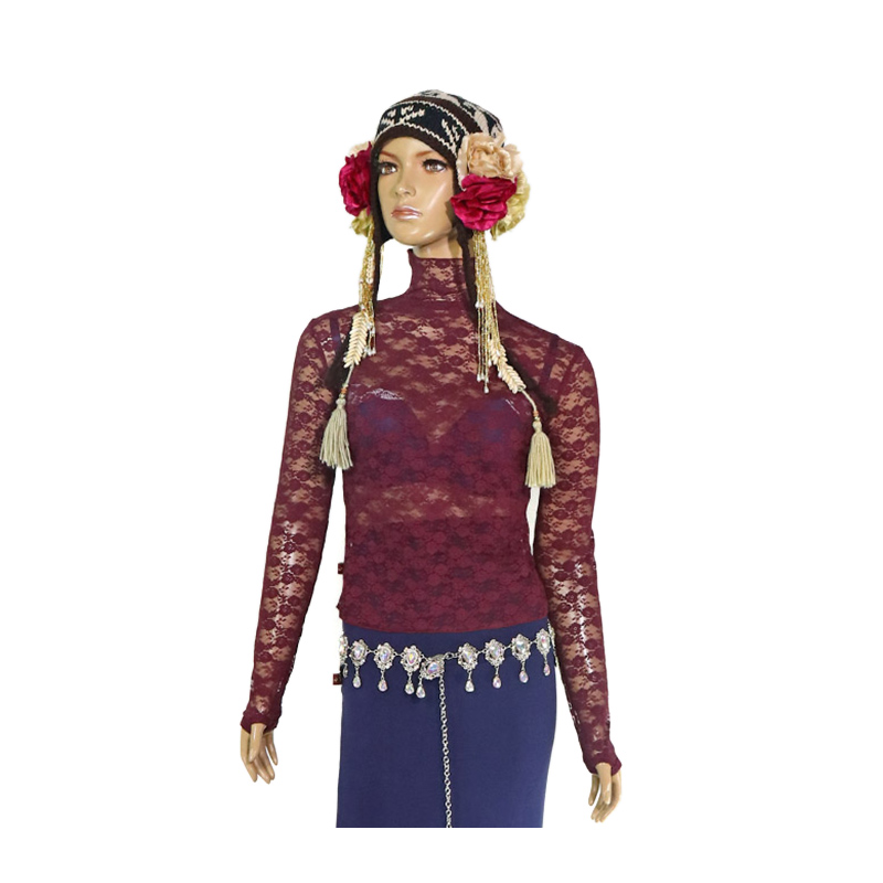 肚皮舞舞蹈服 热销2019新款韩国蕾丝高领长袖扣指上衣HCC04 - 图3