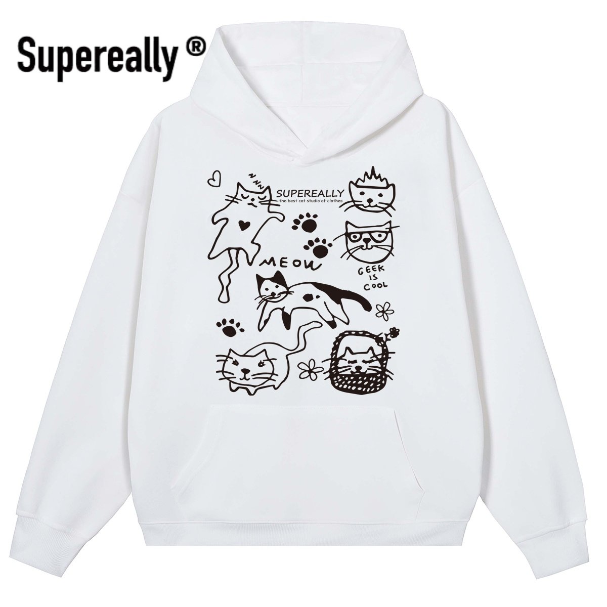 supereally  清融同款潮牌趣味小猫涂鸦宽松休闲减龄百搭连帽卫衣,淘宝优惠券,粉丝福利购,淘宝优惠卷