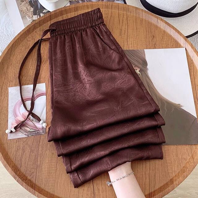 ກາງເກງ acetate satin ice silk ກາງເກງຂາກວ້າງສໍາລັບແມ່ຍິງ summer ບາງໆ 2025 ກາງເກງແອວສູງຊື່ຈີນພິມ pants ປ້ອງກັນແສງແດດ