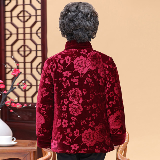 Grandma's winter clothes plus velvet thick cotton coat 60-70 years old middle-aged and elderly women's clothes Tang clothes cotton clothes mother coat jacket